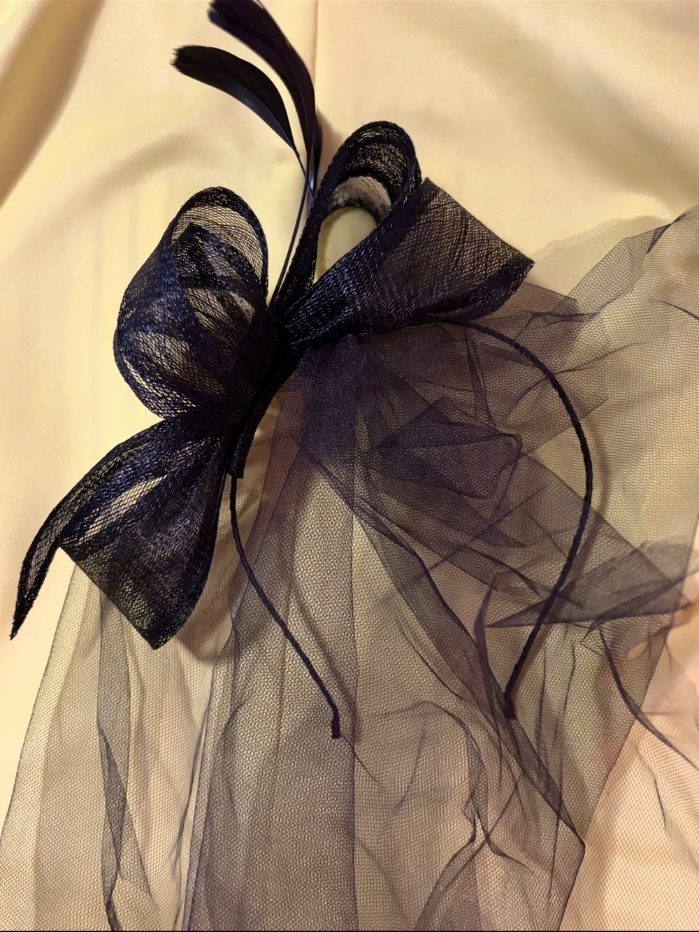 New Elegant Black Veil Fascinator Headband with Bow and Feathers in Box